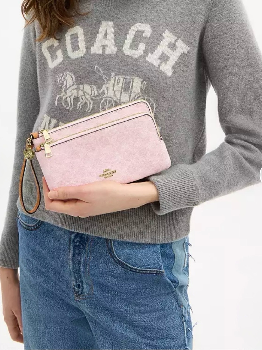 COACH Double Zip Wristlet in Powder Pink with Tea Rose Charm - Picture 9 of 9